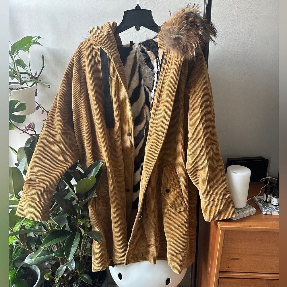 Real Mink lining, fox fur hood, corduroy winter parka